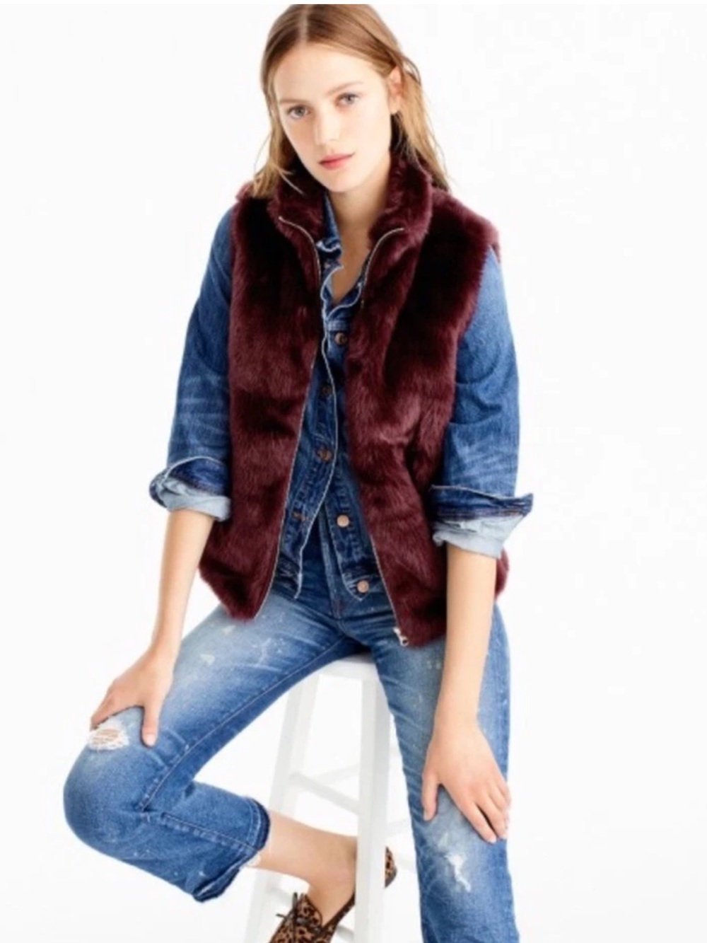 J.Crew Faux Fur Vest Burgundy Wine Full Zip Cozy Winter Layering